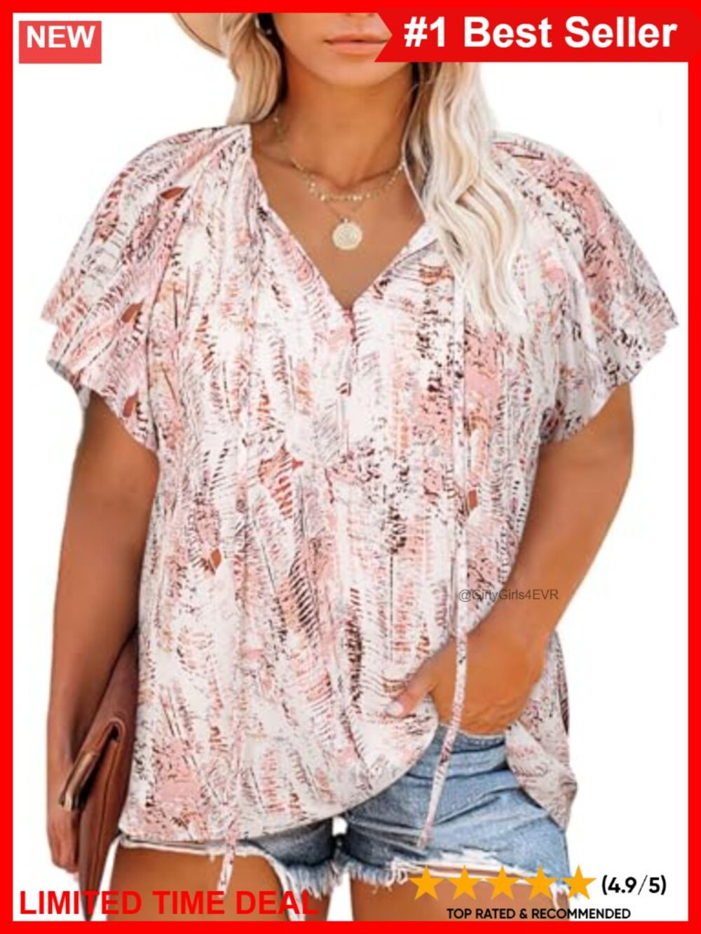 Plus Size Boho Floral V Neck Tie Blouse Flutter Sleeve Summer Top